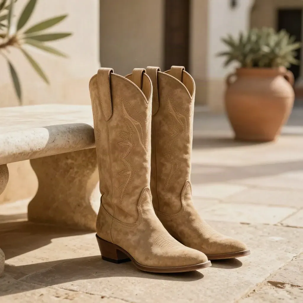 Botas cowboy de ante sobre un banco de piedra junto a una maceta de barro en una plaza soleada.