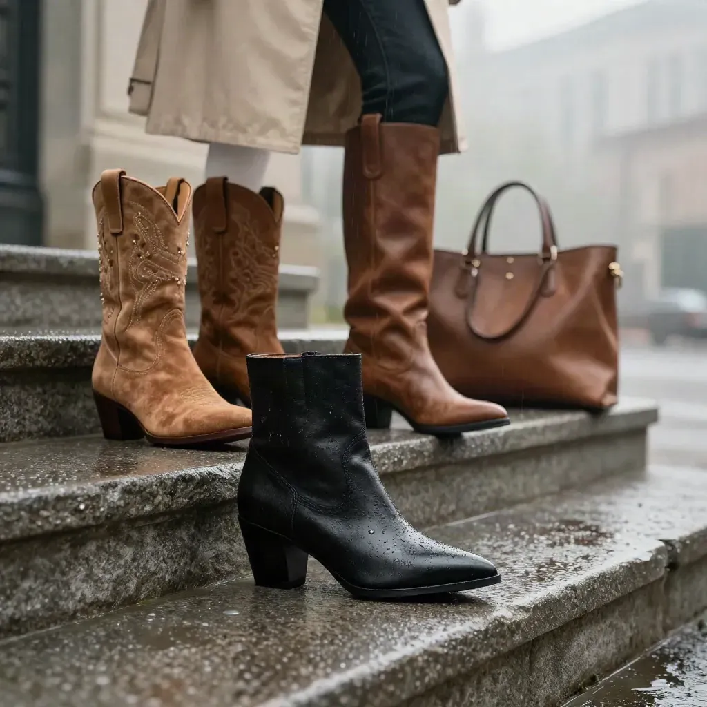Botas de mujer sobre escalones de piedra mojados, con luz lateral tras la lluvia.