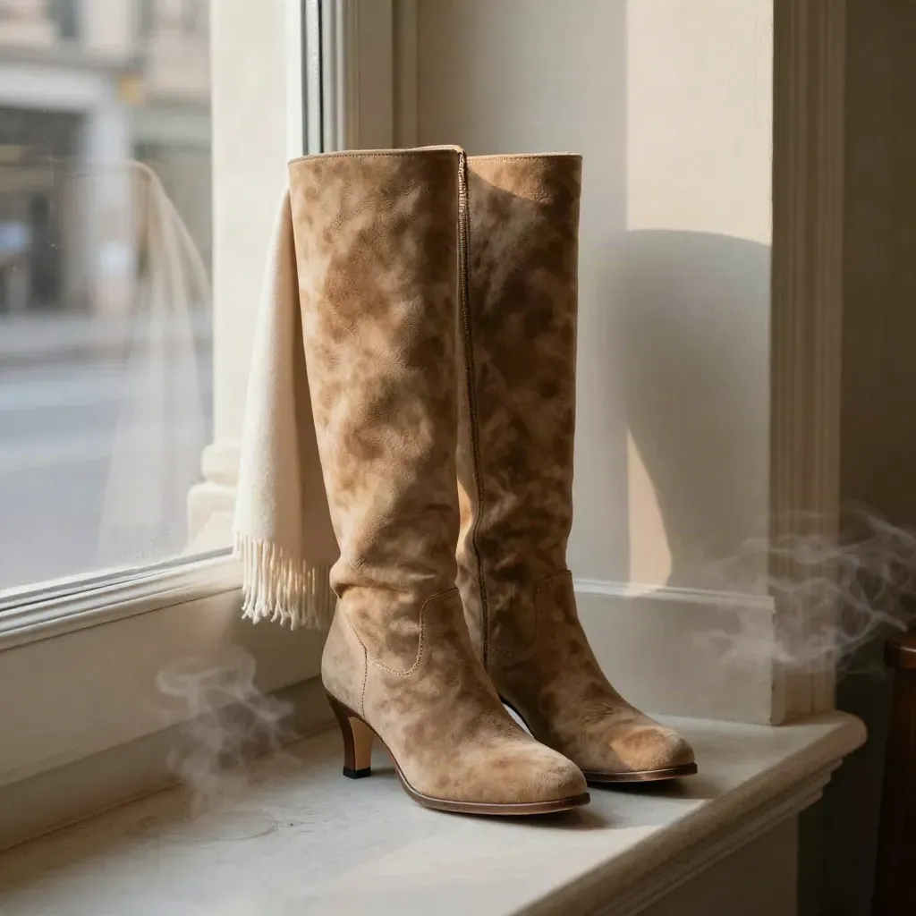Botas altas camel junto a una ventana de café, con bufanda crema y luz de mañana.