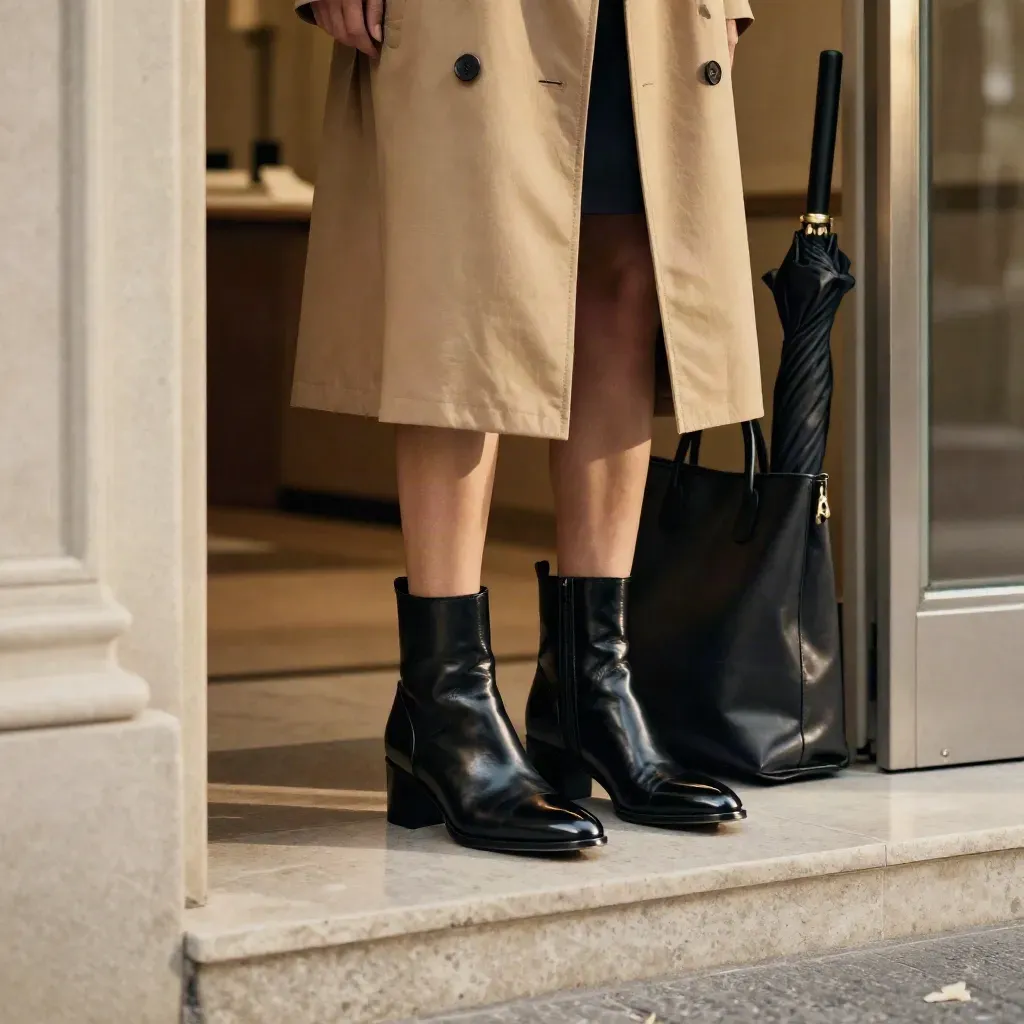Botas negras junto a un abrigo camel, bolso y paragüero en el lobby de una oficina.