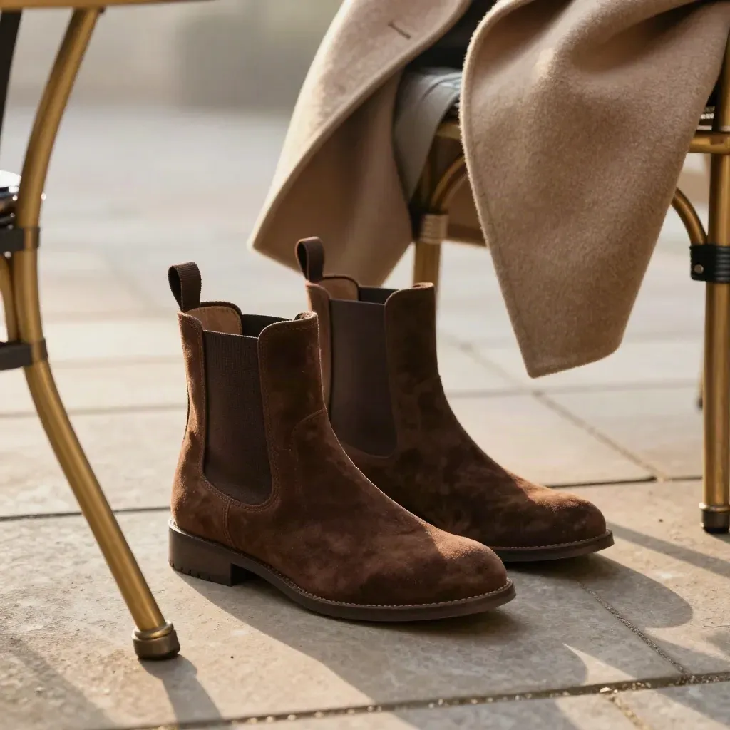 Botas Chelsea de ante oscuro junto a un abrigo de lana en una terraza de café, con luz suave.