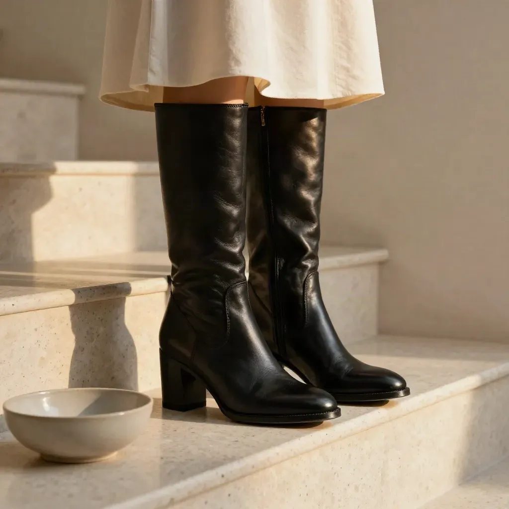 Botas de tacón medio de cuero sobre una escalera estrecha, con falda plegada y cuenco cerámico.