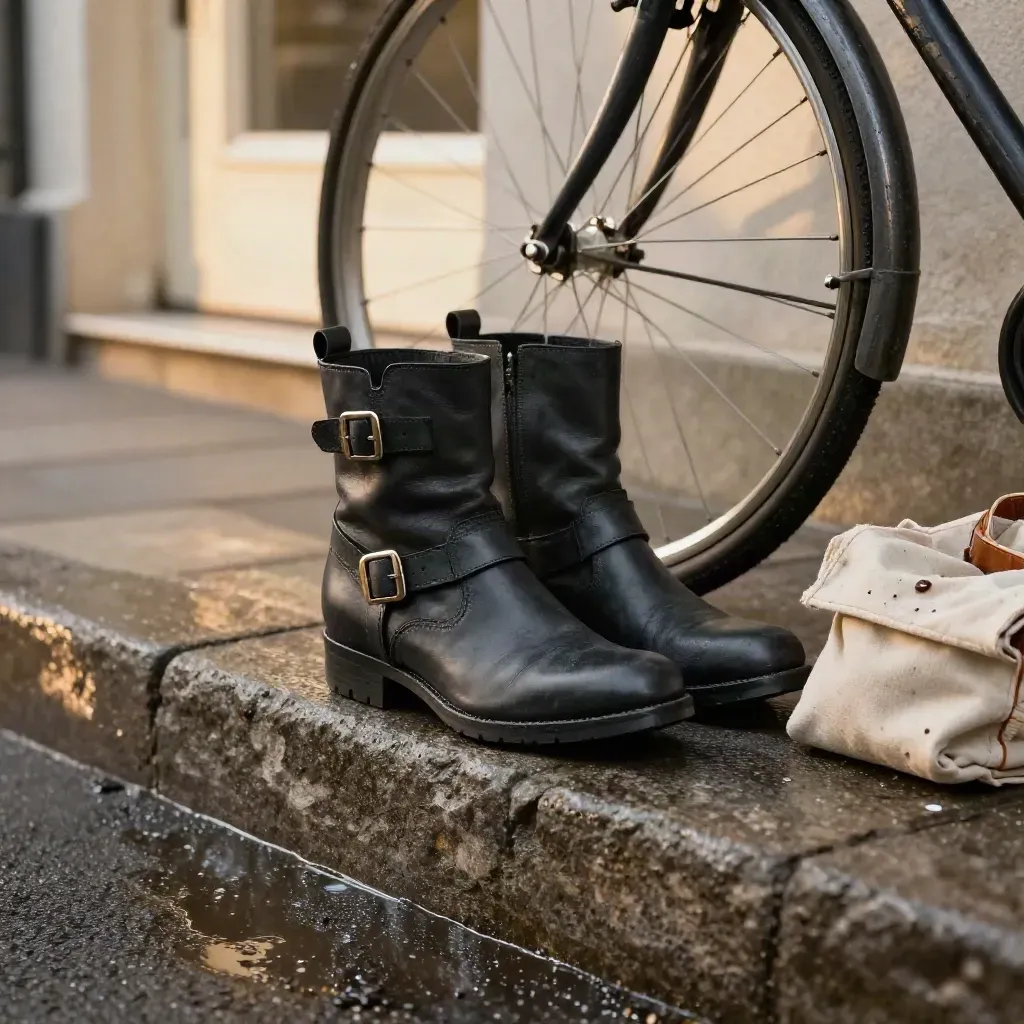 Botines negros con hebilla junto a una rueda de bicicleta y un bordillo mojado