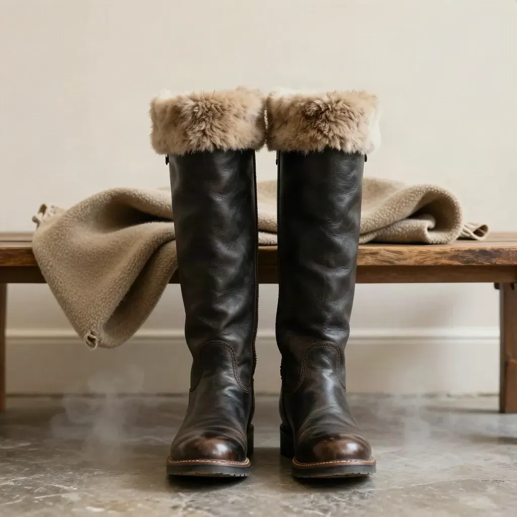 Botas altas de invierno de cuero oscuro con borreguillo, banco y manta de lana en un ambiente frío.