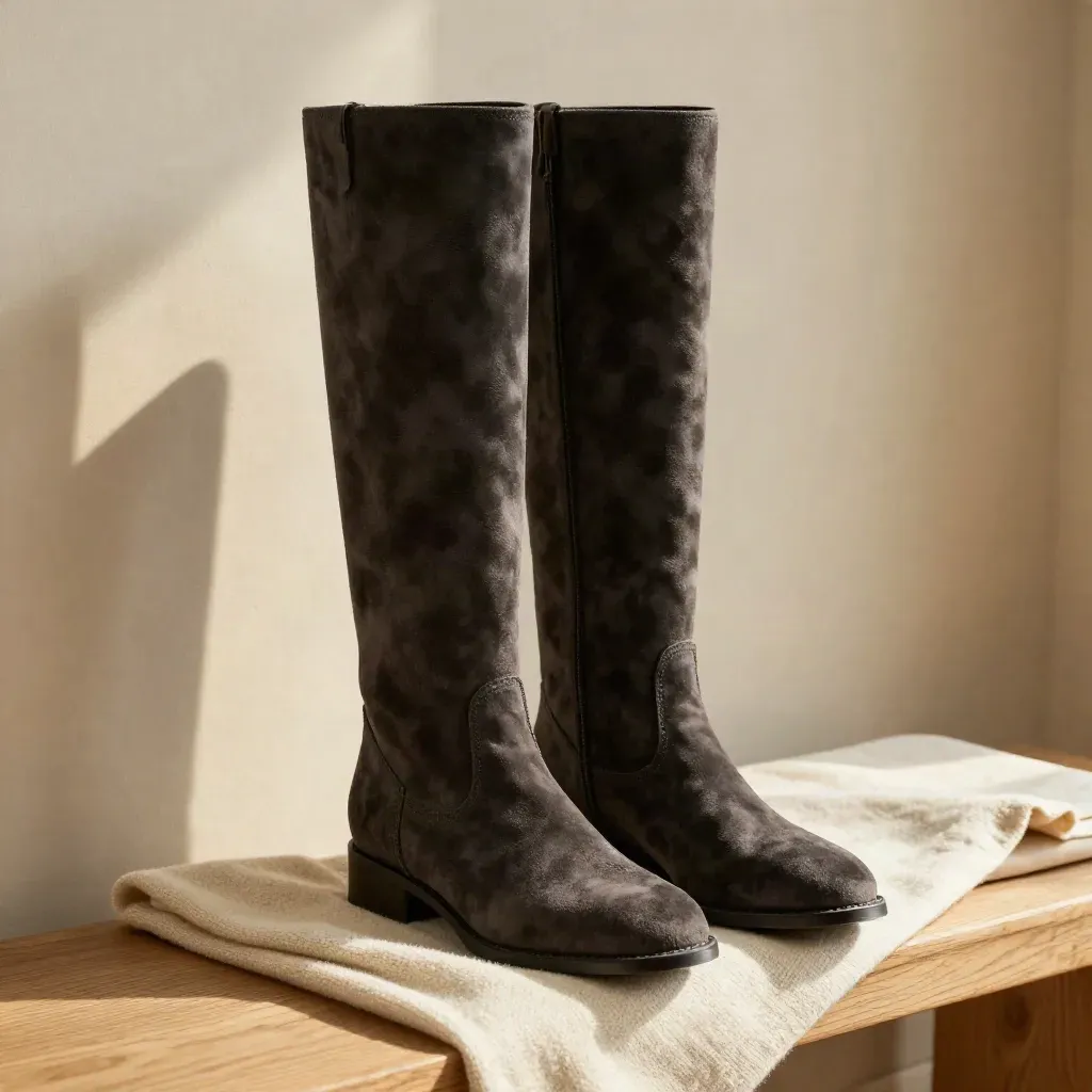 Botas altas de ante oscuro junto a vestido de punto doblado sobre un banco claro.