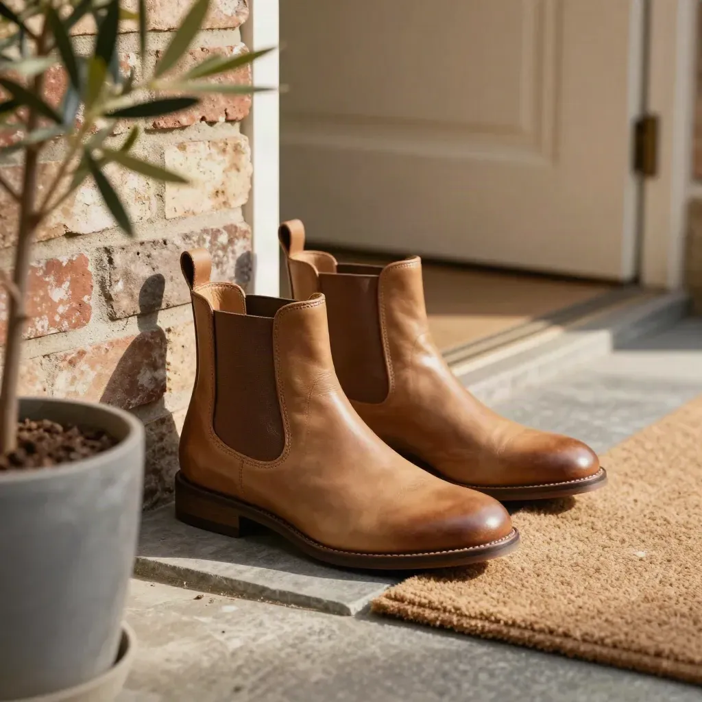 Botines Chelsea camel junto a un umbral de ladrillo y una pequeña olivera en luz suave.