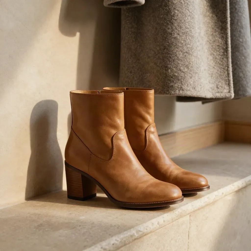 Botines camel de tacón ancho junto a un abrigo de lana sobre un rellano de piedra