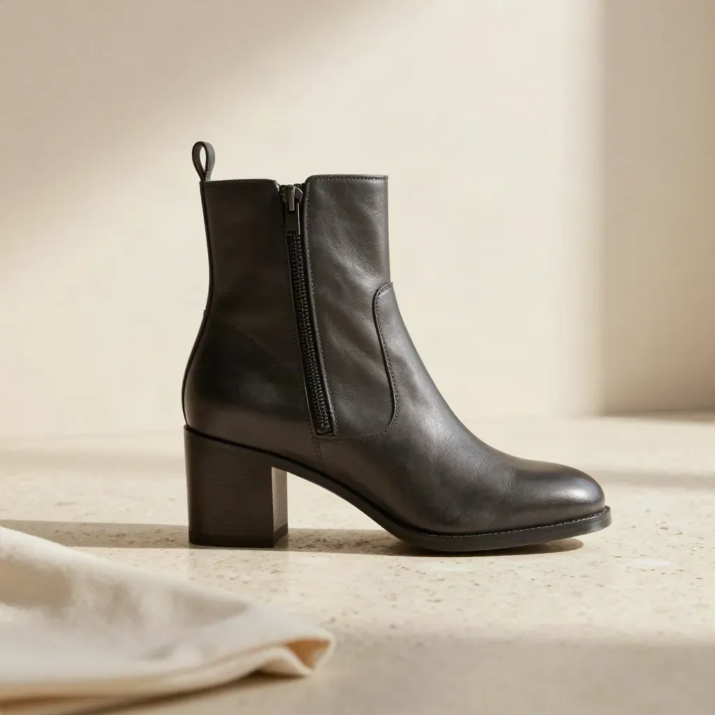Botín negro carbón con cremallera lateral en suelo de travertino, luz suave editorial.