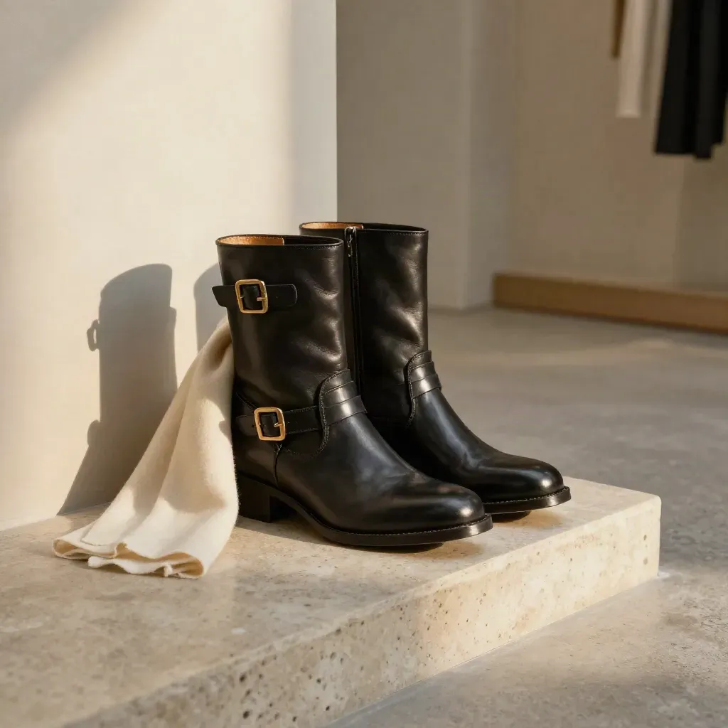 Botas negras con hebillas junto a un plinto de piedra y una bufanda crema, luz cálida editorial.