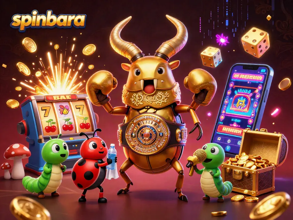 Spinbara attraction captivates players with vibrant 3D scene of excitement, slots, and characters.
