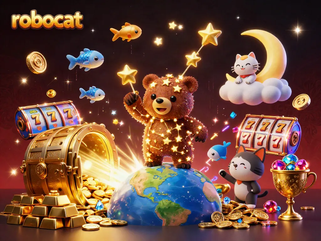 Robocat engages in a thrilling treasure hunt amidst dazzling casino elements, showcasing excitement.