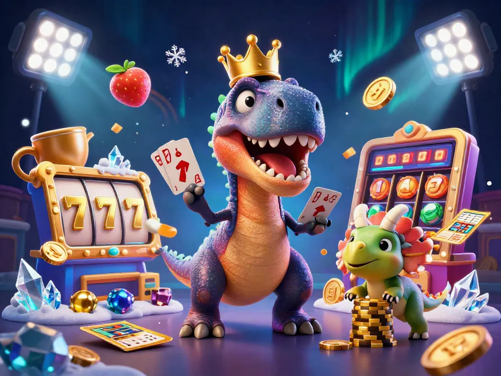 Spinbara showcases a joyful T-Rex shuffling cards as a pterodactyl assists, surrounded by vibrant gaming visuals.