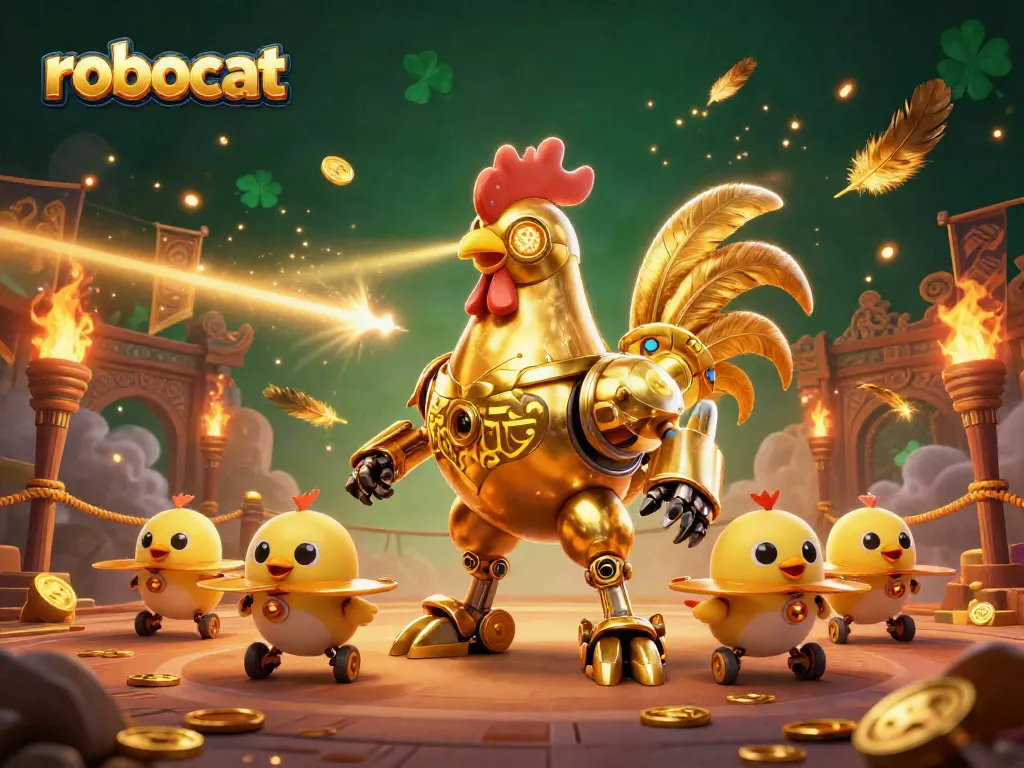 Robocat's vibrant casino-themed evolution showcases a golden robot rooster leading baby chick drones in a lively betting arena.