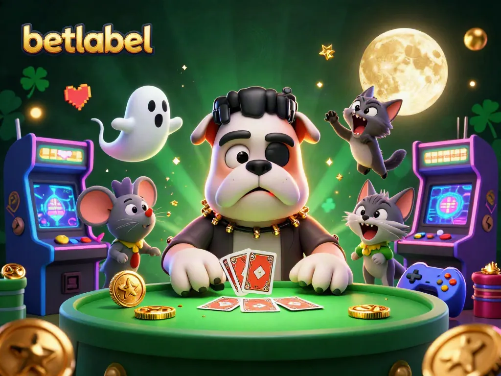 Engaging card game scene at betlabel featuring a quirky bulldog dealer and playful characters.